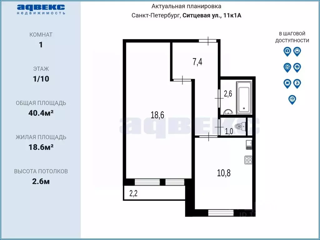 1-к кв. Санкт-Петербург Ситцевая ул., 11к1 (40.4 м) - Фото 2