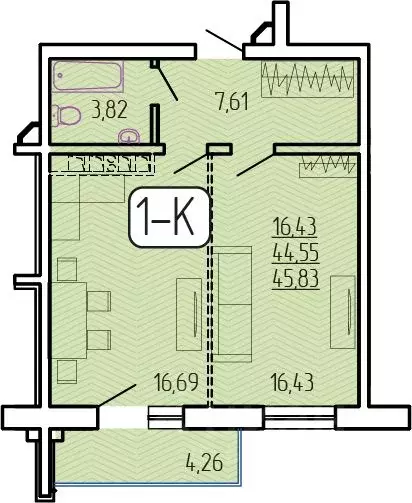 1-к кв. Бурятия, Улан-Удэ 129-й мкр,  (45.83 м) - Фото 1