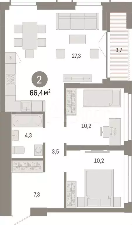 2-к. квартира, 66,4 м, 17/23 эт. - Фото 1