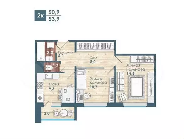 2-к. квартира, 53,9 м, 1/9 эт. - Фото 0