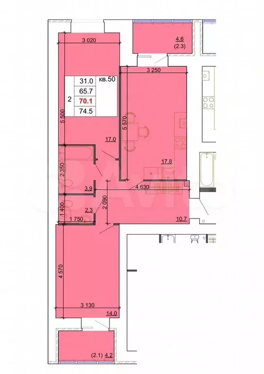 2-к. квартира, 70,1 м, 3/9 эт. - Фото 1