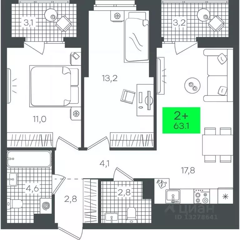 2-к кв. Тюменская область, Тюмень Гранд Квартал жилой комплекс (63.18 ... - Фото 1