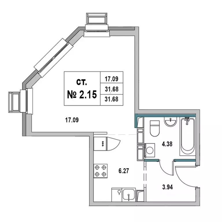 Студия Ленинградская область, Выборг ул. 2-я Южная, 4 (31.68 м) - Фото 1