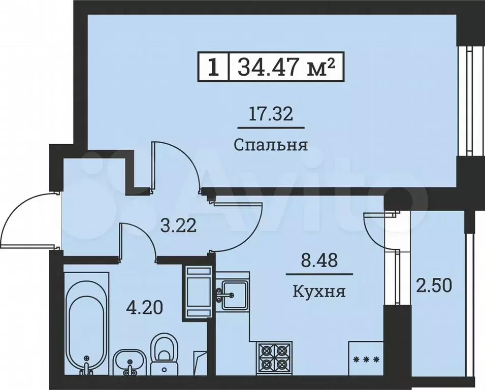 1-к. квартира, 34,5м, 4/16эт. - Фото 0