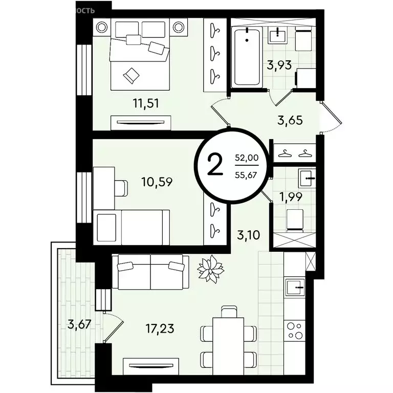 2-комнатная квартира: Тюмень, улица Александра Звягина, 3 (55.67 м) - Фото 0