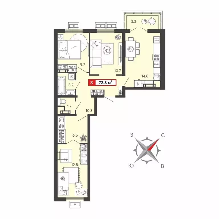 Квартира, 3 комнаты, 72.8 м - Фото 0