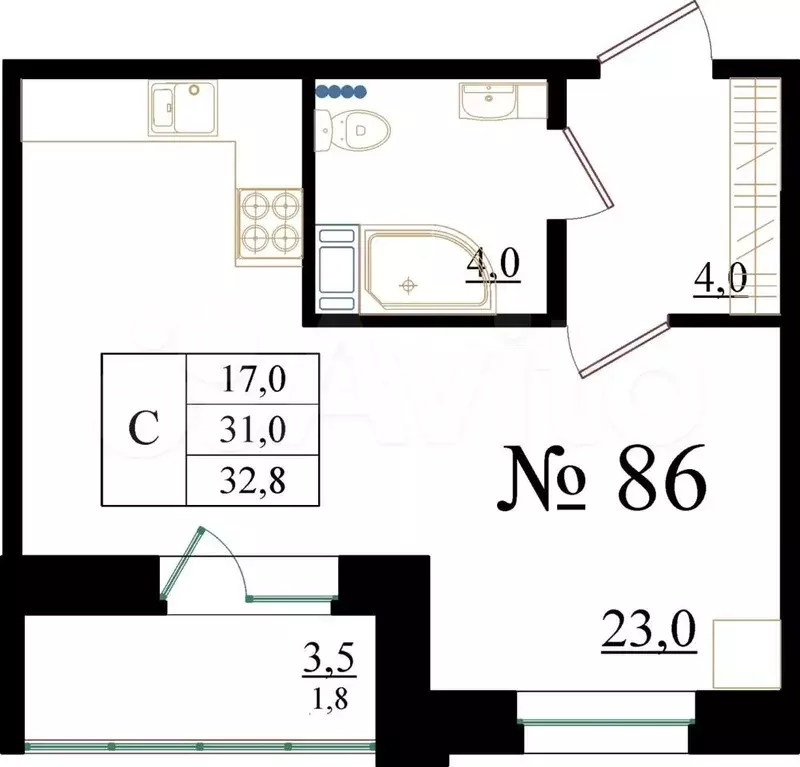 Квартира-студия, 32,8 м, 3/8 эт. - Фото 0