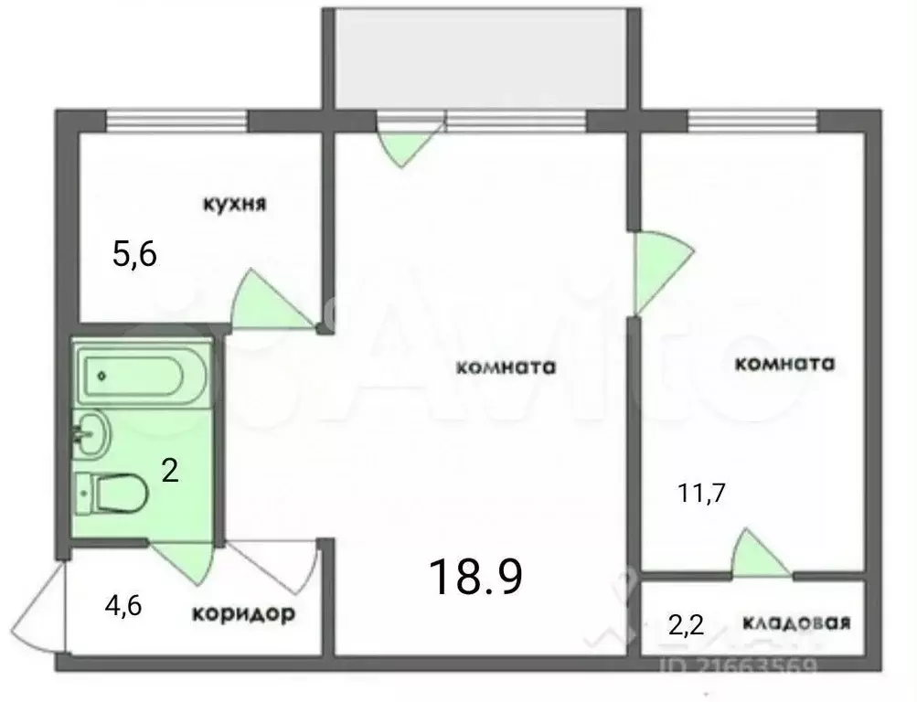 2-к. квартира, 44,9 м, 1/5 эт. - Фото 0