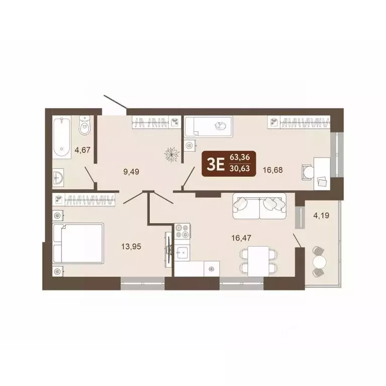 2-к кв. Кемеровская область, Кемерово 58В мкр, 1 (63.36 м) - Фото 1