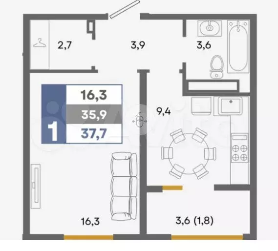 1-к. квартира, 37,7 м, 5/7 эт. - Фото 1