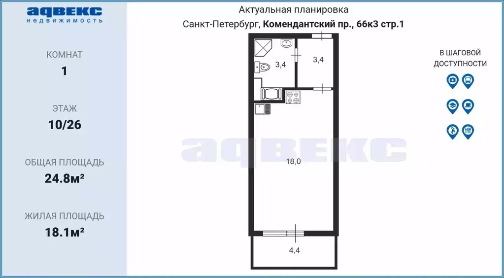 студия санкт-петербург комендантский просп, 66к3 (24.8 м) - Фото 1