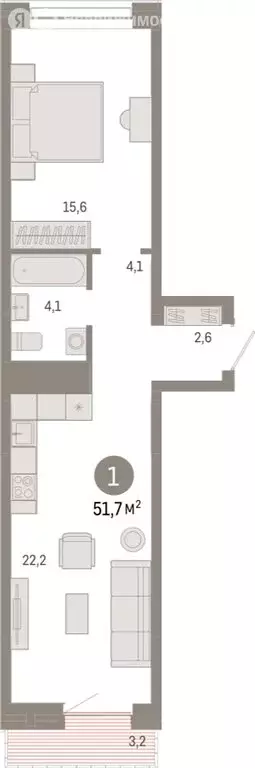 1-комнатная квартира: Тюмень, Причальная улица, 7 (51.72 м) - Фото 1