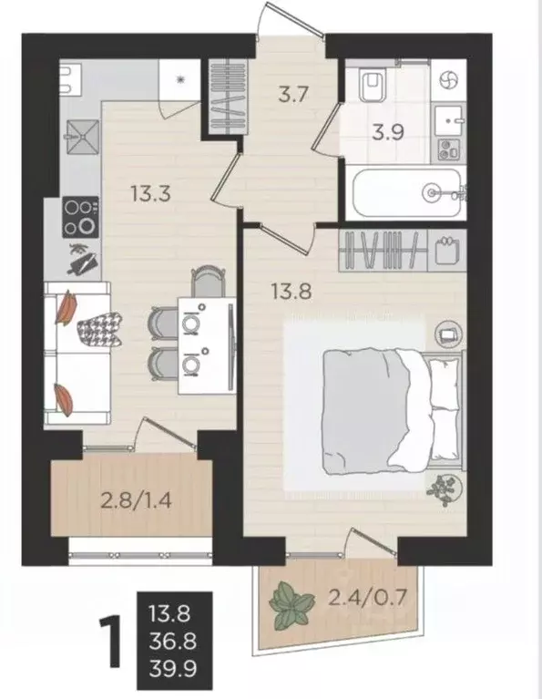 1-к кв. Калининградская область, Гурьевский муниципальный округ, пос. ... - Фото 2