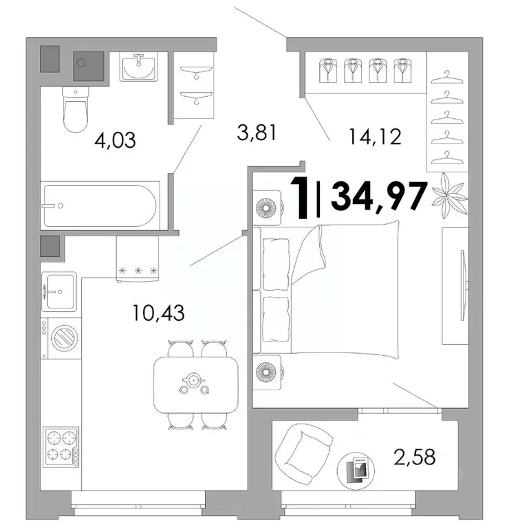 1-к кв. Владимирская область, Владимир Уно жилой комплекс (34.97 м) - Фото 1