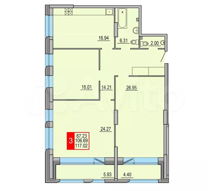 3-к. квартира, 117 м, 1/8 эт. - Фото 0