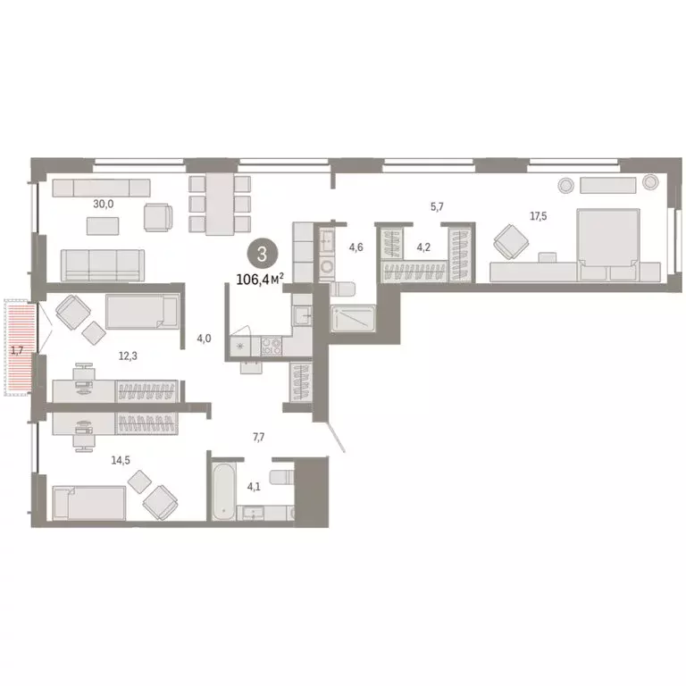 3-комнатная квартира: Новосибирск, Большевистская улица, 66 (106.37 м) - Фото 2