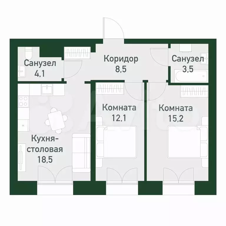 2-к. квартира, 61,3 м, 2/4 эт. - Фото 0