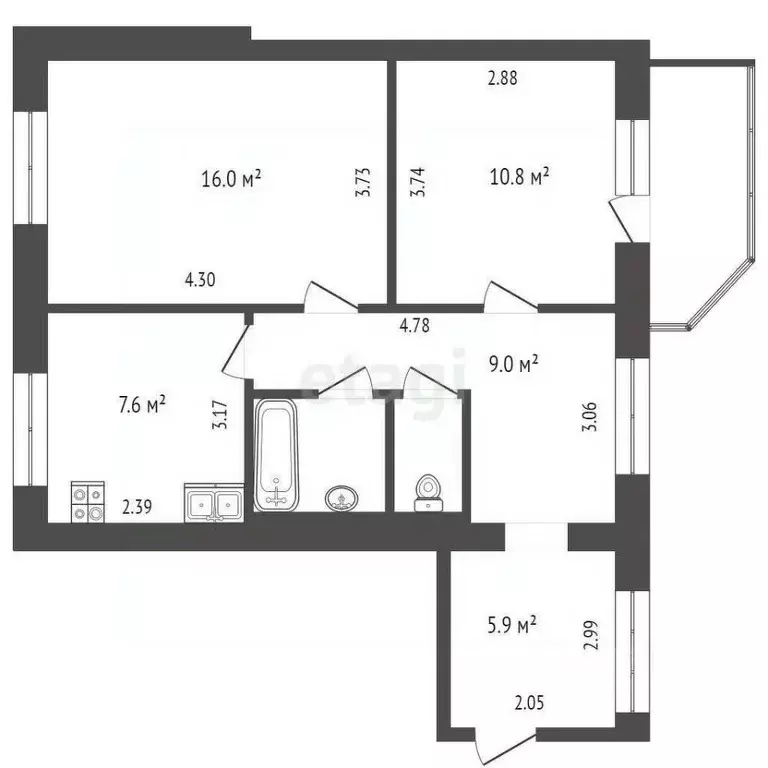 2-к кв. вологодская область, вологда окружное ш, 24а (54.3 м) - Фото 1