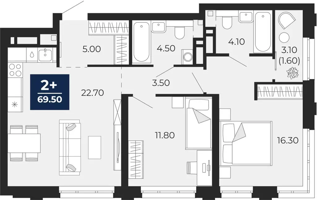 2-комнатная квартира: Тюмень, улица Пожарных и Спасателей, 2к1 (69.5 ... - Фото 1