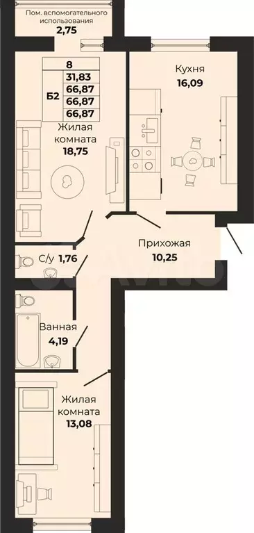 2-к. квартира, 66,9 м, 3/9 эт. - Фото 0