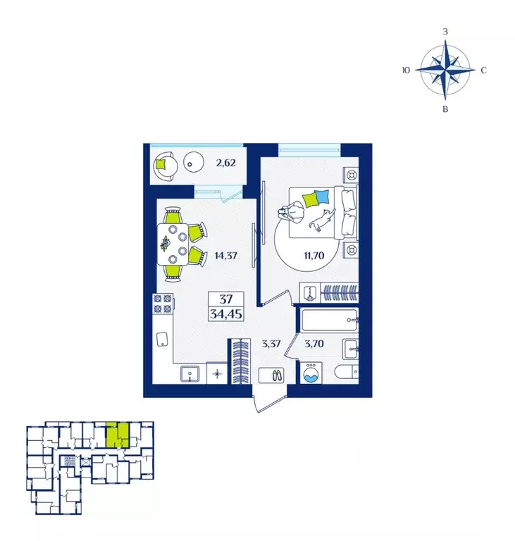 1-к кв. Калининградская область, Зеленоградск  (34.45 м) - Фото 1