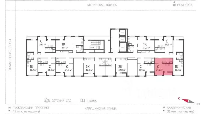 Студия Санкт-Петербург Ручьи тер.,  (21.5 м) - Фото 1