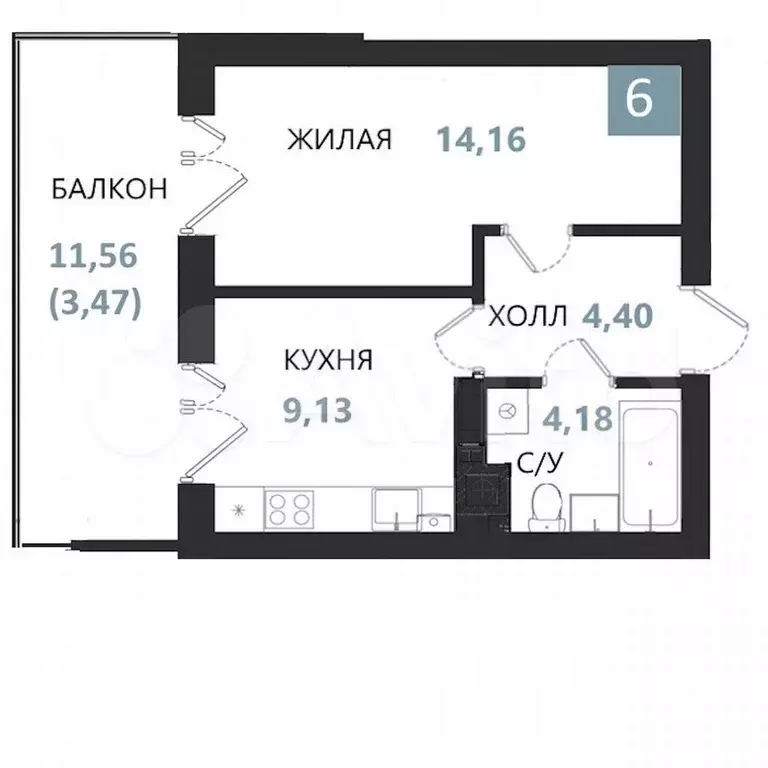 1-к. квартира, 35,3 м, 1/5 эт. - Фото 0