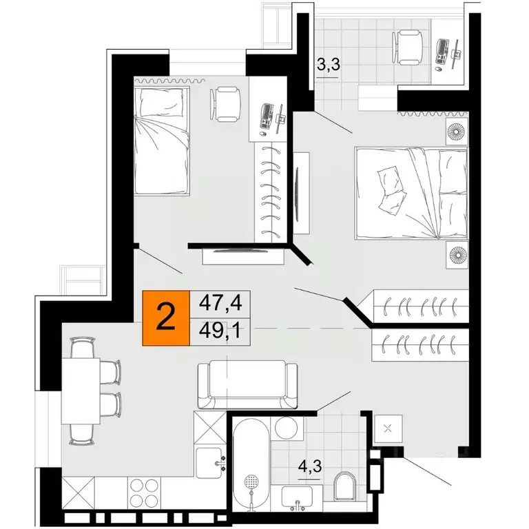 2-к кв. Приморский край, Уссурийск Горизонты жилой комплекс (49.1 м) - Фото 1