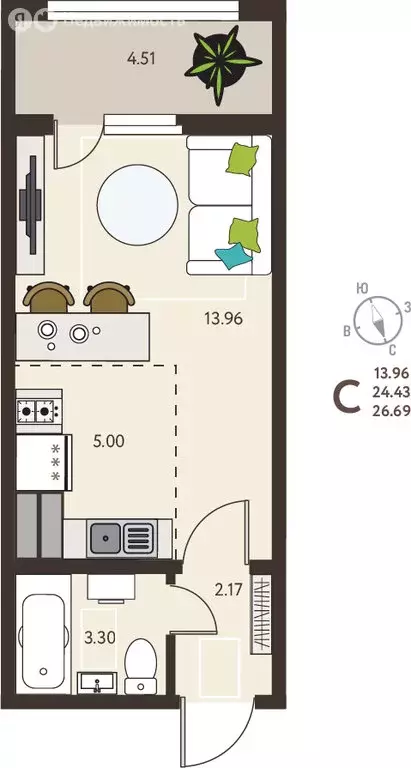 Квартира-студия: Курск, микрорайон Курского Завода Тракторных ... - Фото 1