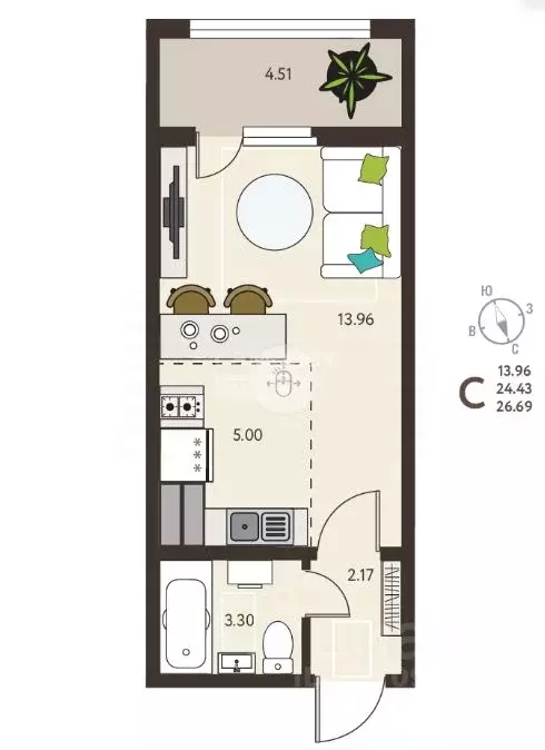 Студия Курская область, Курск ул. Энгельса, 115 (26.69 м) - Фото 2