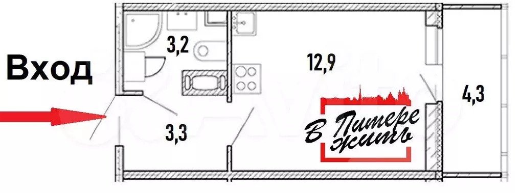 Квартира-студия, 23,5 м, 8/12 эт. - Фото 1