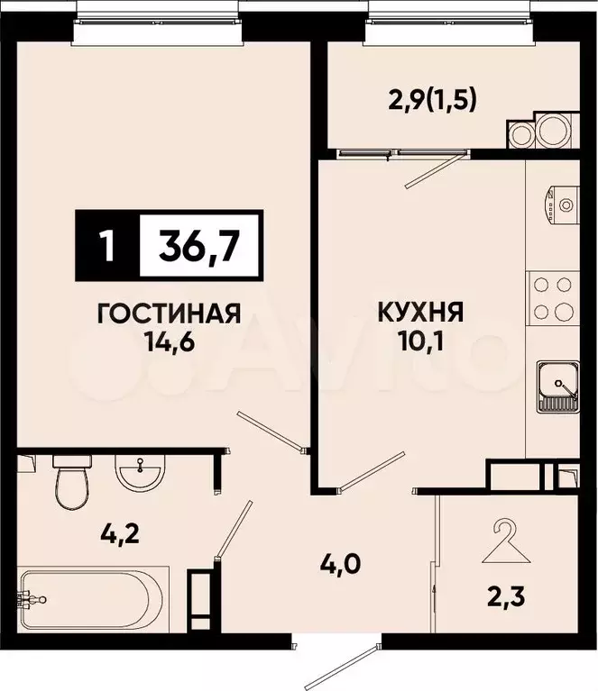 1-к. квартира, 36,7 м, 13/14 эт. - Фото 0