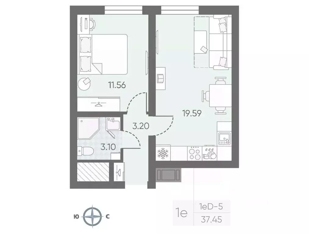 Квартира, 1 комната, 36.47 м - Фото 1