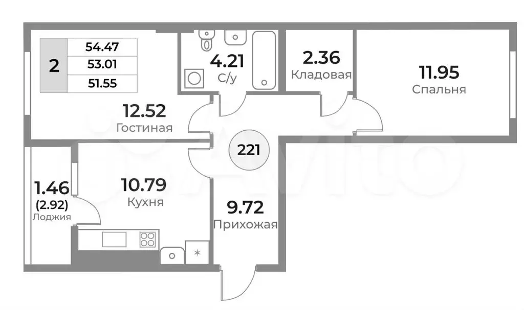 2-к. квартира, 53 м, 1/10 эт. - Фото 1