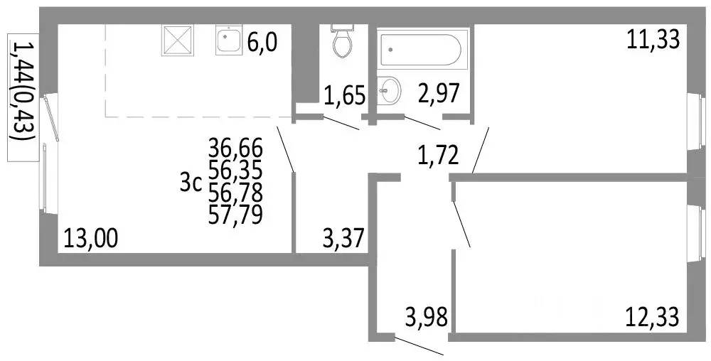 3-к кв. Челябинская область, Челябинск ул. Блюхера, 125Б (56.78 м) - Фото 0