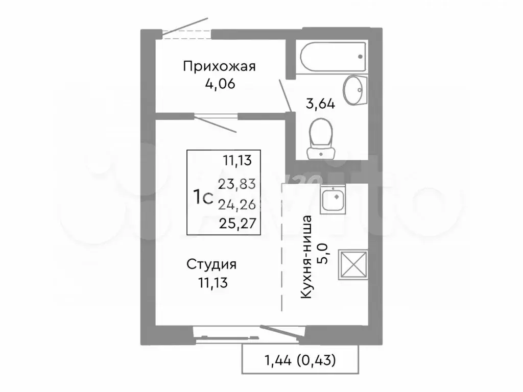 Квартира-студия, 24,3 м, 3/10 эт. - Фото 0