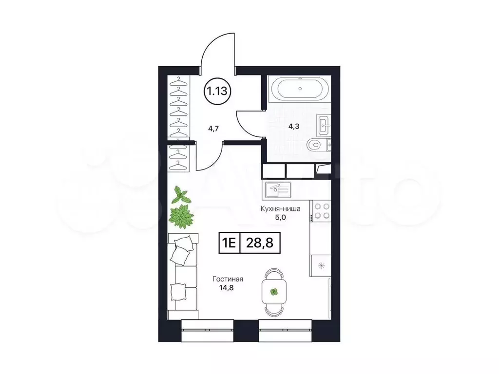Квартира-студия, 28,8 м, 4/13 эт. - Фото 0