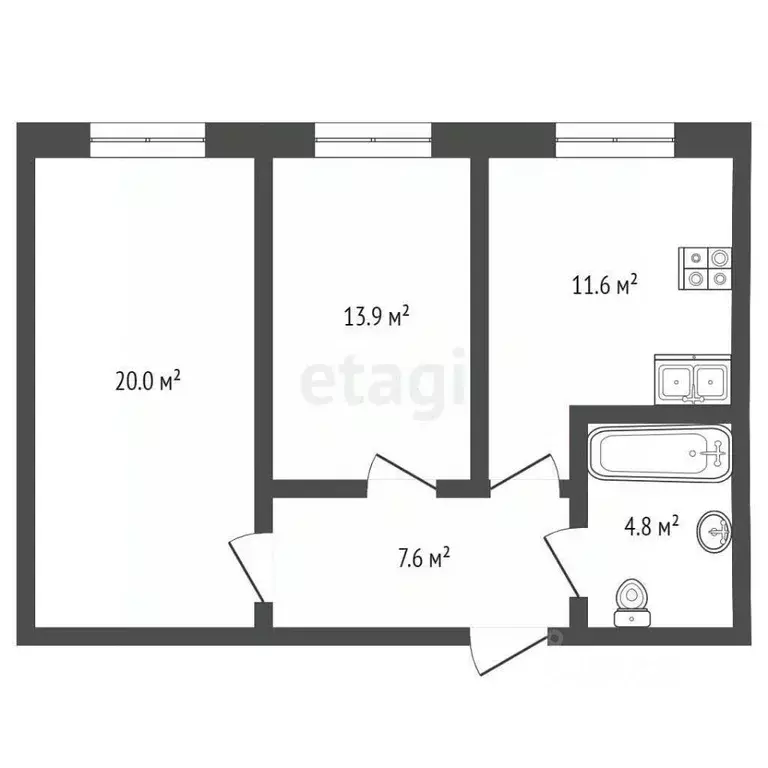 2-к кв. Тюменская область, Тюмень ул. Республики, 204к7 (53.4 м) - Фото 2
