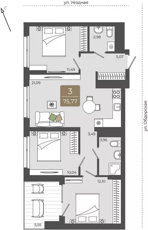3-комнатная квартира: Тюмень, улица Василия Подшибякина, 5 (75.77 м) - Фото 1