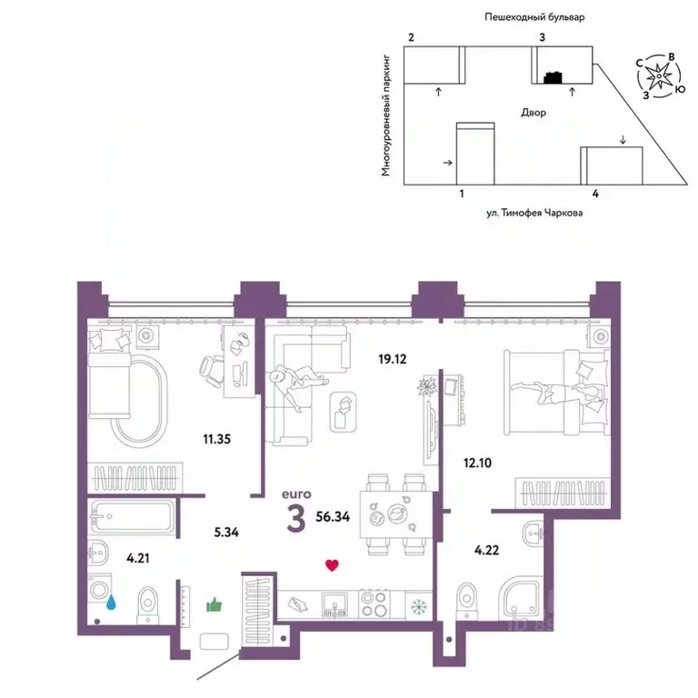 3-к кв. Тюменская область, Тюмень ул. Тимофея Чаркова, 93 (56.34 м) - Фото 0