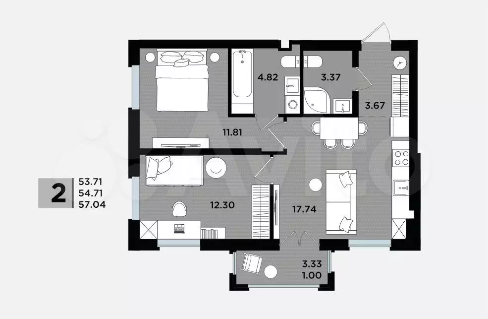 2-к. квартира, 54,7 м, 3/5 эт. - Фото 1