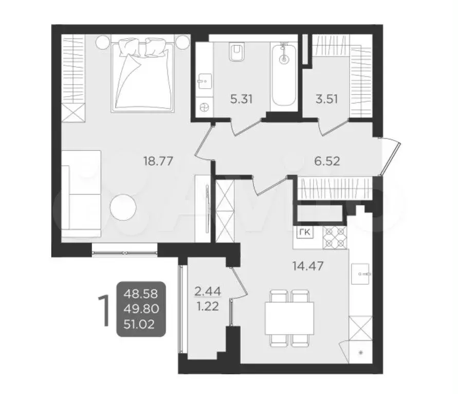 1-к. квартира, 49,9 м, 2/9 эт. - Фото 1