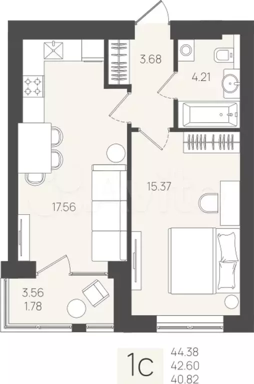 1-к. квартира, 42,6 м, 3/5 эт. - Фото 0