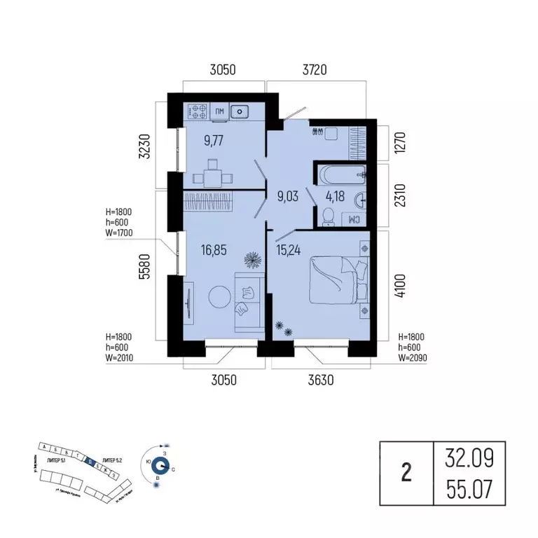 2-к кв. Башкортостан, Уфа Глумилино-1 мкр, Новатор жилой комплекс ... - Фото 1