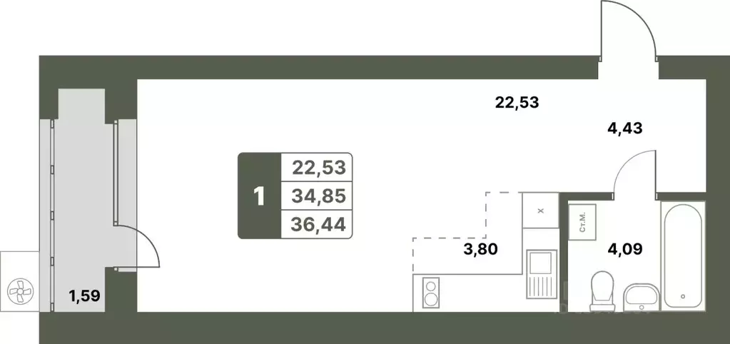 1-к кв. Башкортостан, Уфимский район, с. Миловка  (36.44 м) - Фото 0