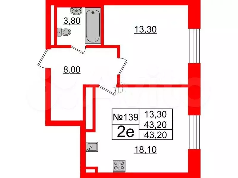 1-к. квартира, 42,9 м, 9/9 эт. - Фото 0