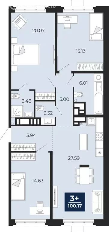 3-комнатная квартира: Тюмень, ЖК Айвазовский Сити (100.17 м) - Фото 1
