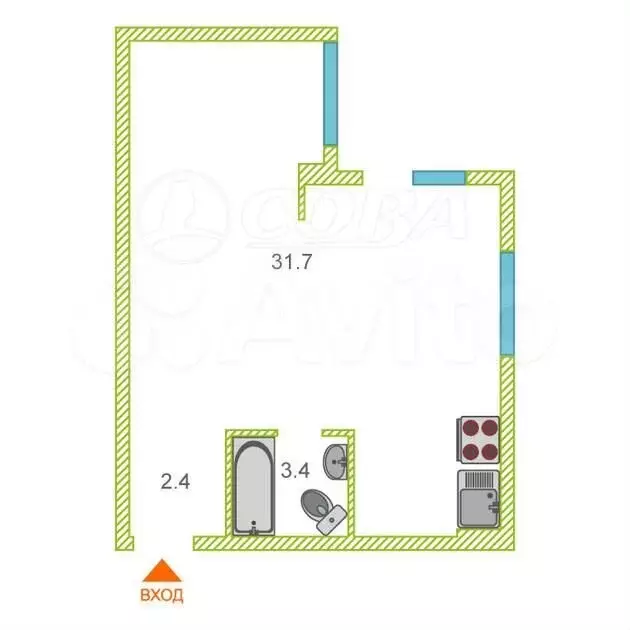 1-к. квартира, 33,6 м, 1/6 эт. - Фото 0