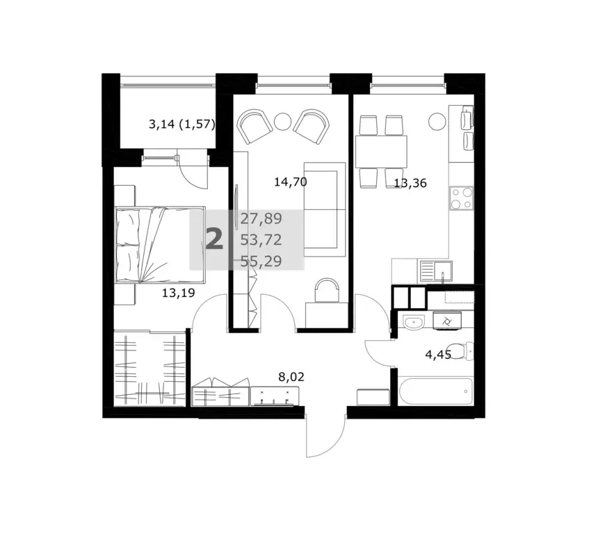 2-к квартира, 55.29 м - Фото 1