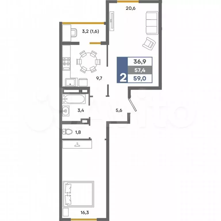 2-к. квартира, 59 м, 7/12 эт. - Фото 0